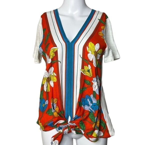 Anthropologie Short Sleeve Front Tie Casual Shirt Red Orange Size Small - Picture 1 of 4